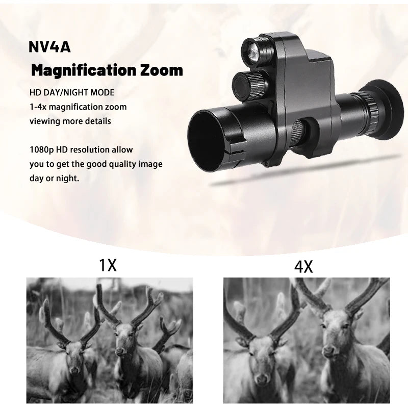 NV4A Infrared Night Vision Monocular Device Round Screen Crosshair 4X Zoom HD Video Camera Attach Night Hunting IR Digital Scope