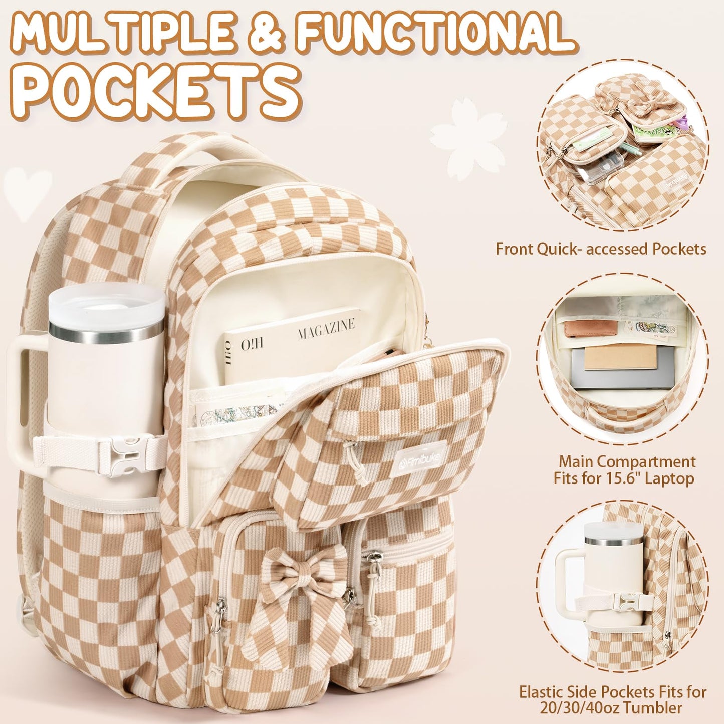 Fimibuke 3-Piece Corduroy Backpack Set for Girls – Lightweight Bow School Bag with Lunch Bag & Pencil Case