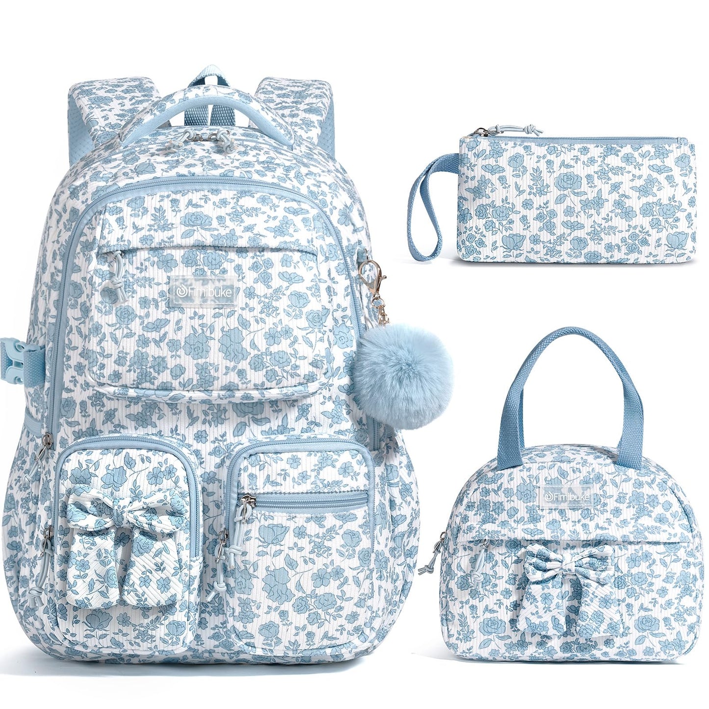 Fimibuke 3-Piece Corduroy Backpack Set for Girls – Lightweight Bow School Bag with Lunch Bag & Pencil Case