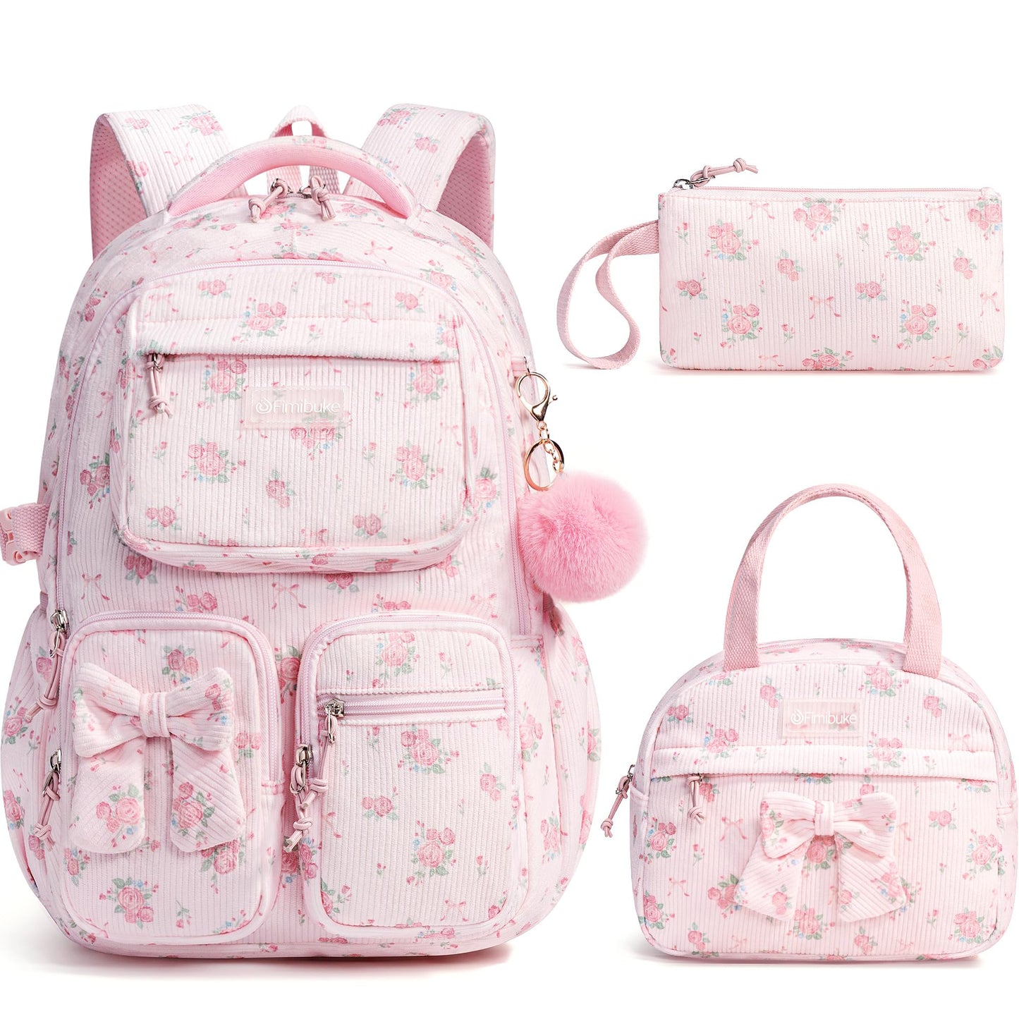 Fimibuke 3-Piece Corduroy Backpack Set for Girls – Lightweight Bow School Bag with Lunch Bag & Pencil Case
