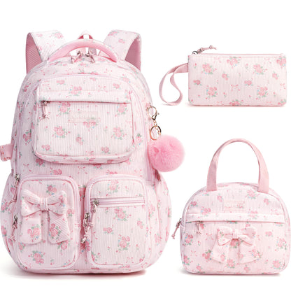 Fimibuke 3-Piece Corduroy Backpack Set for Girls – Lightweight Bow School Bag with Lunch Bag & Pencil Case