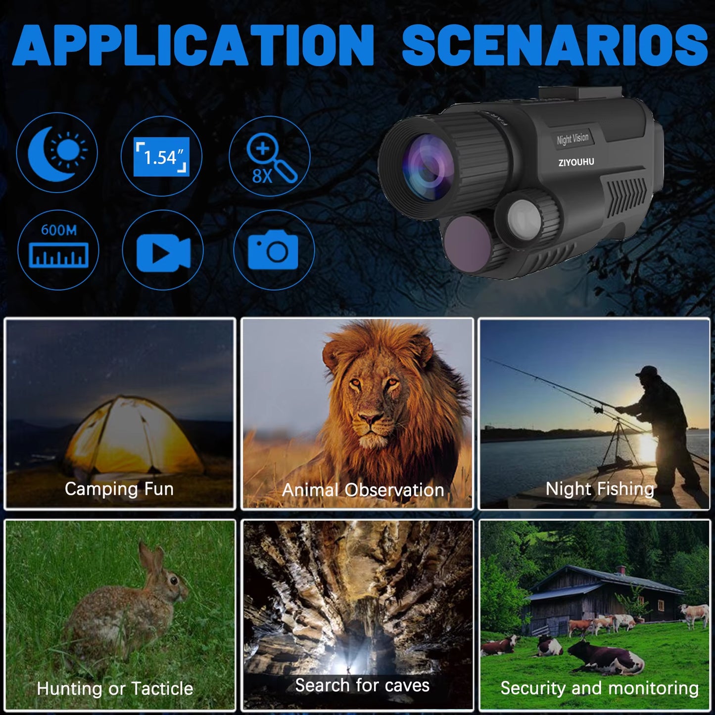 ZIYOUHU 9001 Digital Night Vision Infrare Monocular Built Tacticle Flashlight HD Video Speaker Camera Long Range Dark Hunting