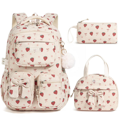 Fimibuke 3-Piece Corduroy Backpack Set for Girls – Lightweight Bow School Bag with Lunch Bag & Pencil Case