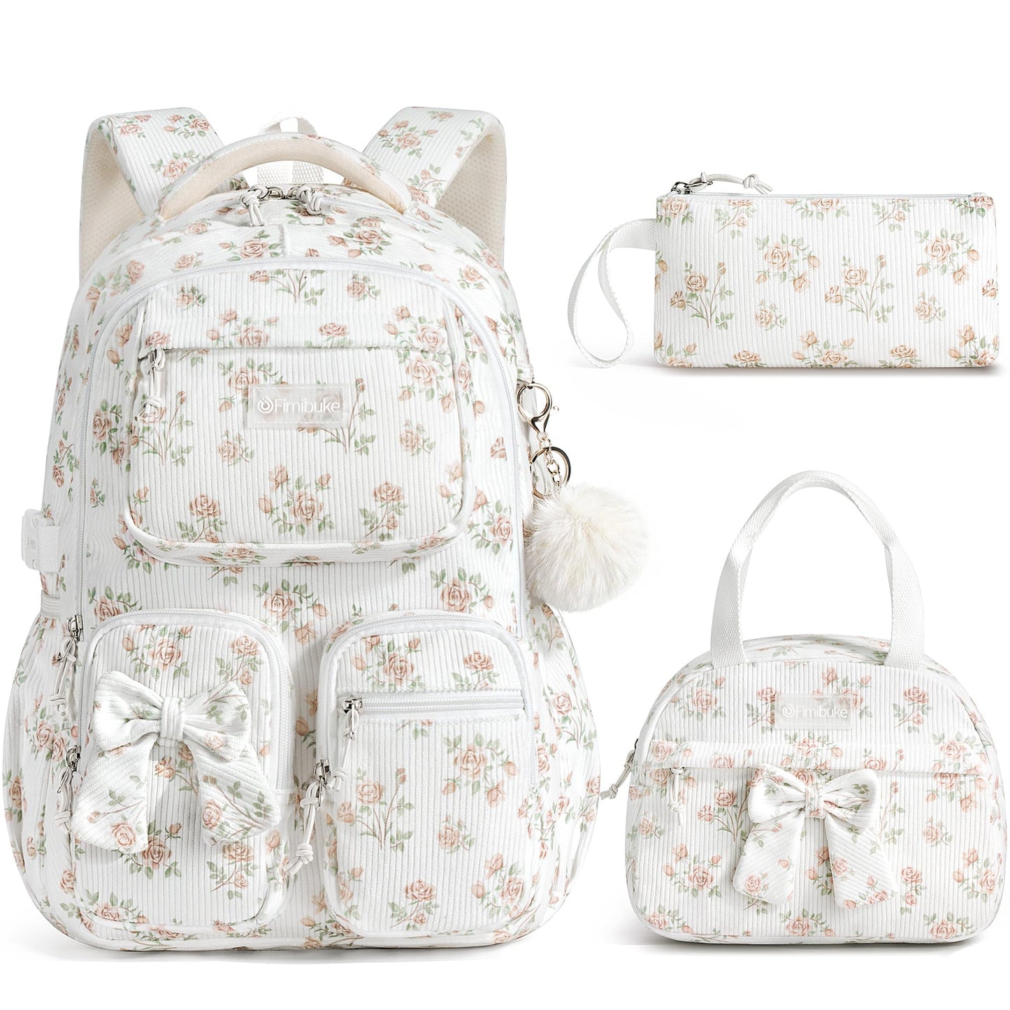 Fimibuke 3-Piece Corduroy Backpack Set for Girls – Lightweight Bow School Bag with Lunch Bag & Pencil Case