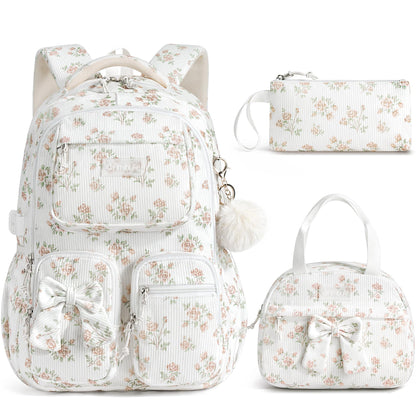 Fimibuke 3-Piece Corduroy Backpack Set for Girls – Lightweight Bow School Bag with Lunch Bag & Pencil Case
