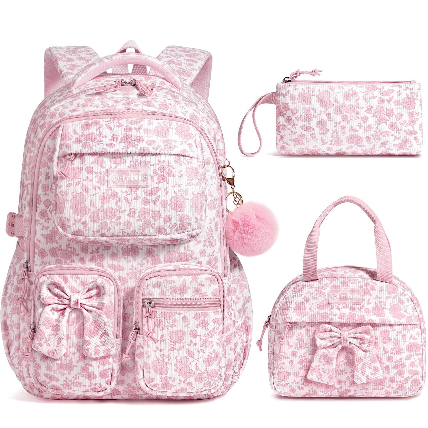 Fimibuke 3-Piece Corduroy Backpack Set for Girls – Lightweight Bow School Bag with Lunch Bag & Pencil Case