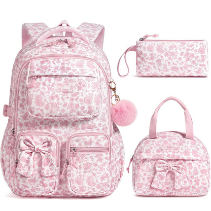 Fimibuke 3-Piece Corduroy Backpack Set for Girls – Lightweight Bow School Bag with Lunch Bag & Pencil Case