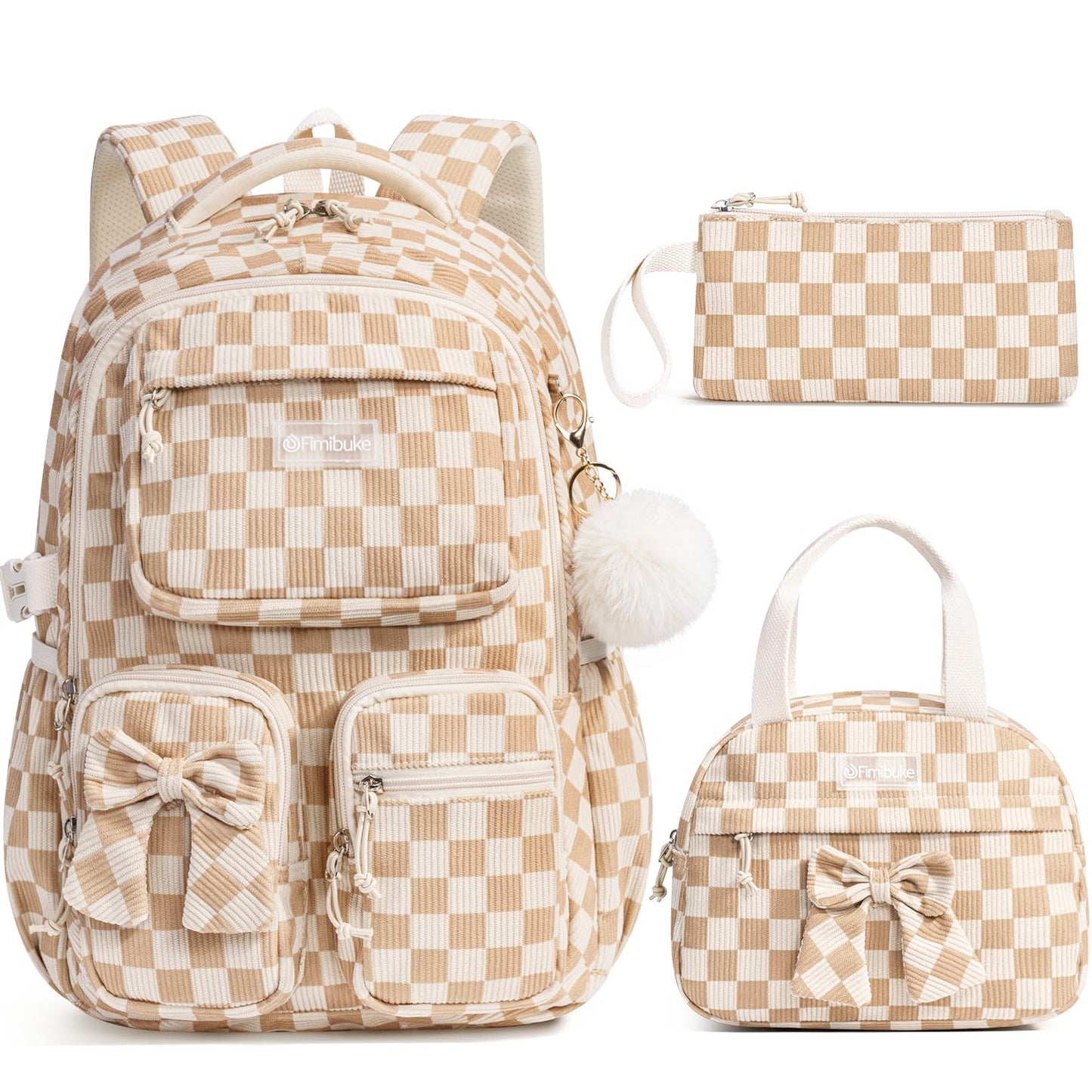 Fimibuke 3-Piece Corduroy Backpack Set for Girls – Lightweight Bow School Bag with Lunch Bag & Pencil Case