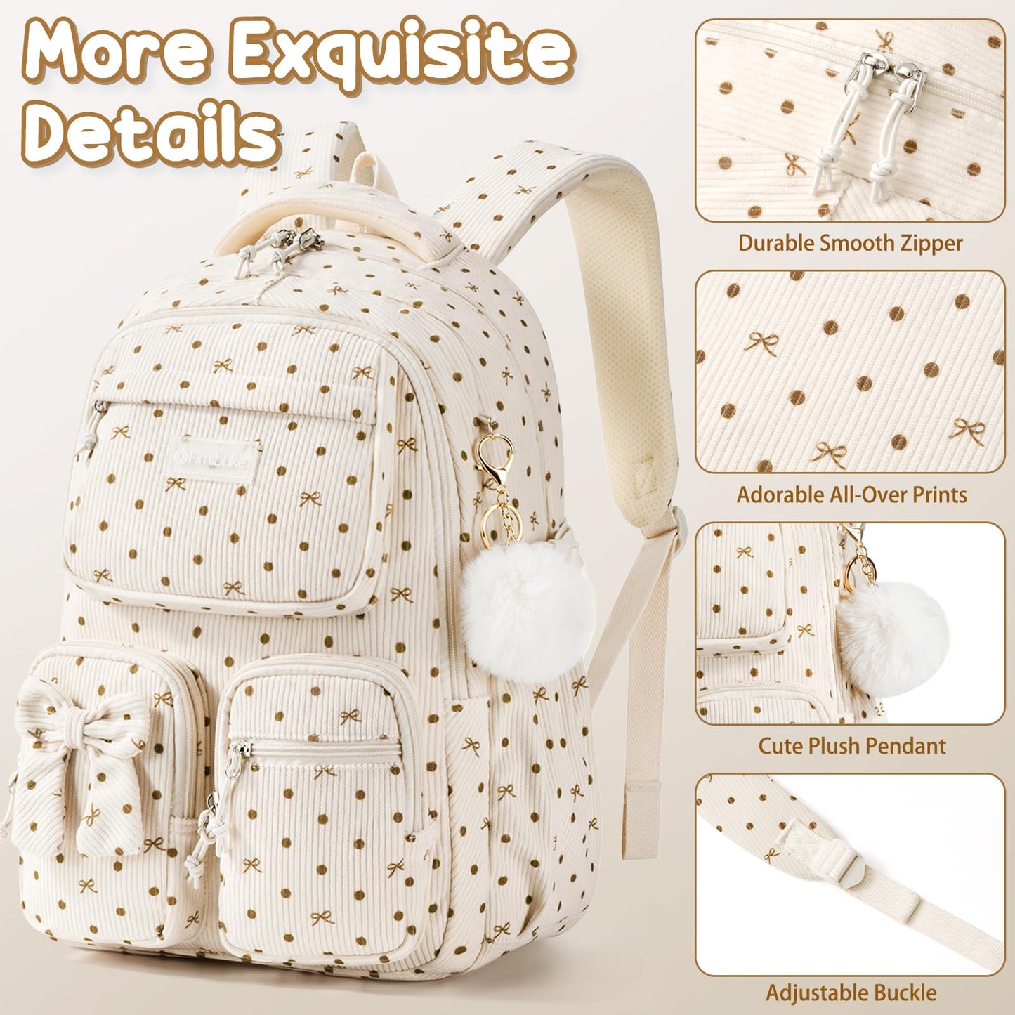 Fimibuke 3-Piece Corduroy Backpack Set for Girls – Lightweight Bow School Bag with Lunch Bag & Pencil Case