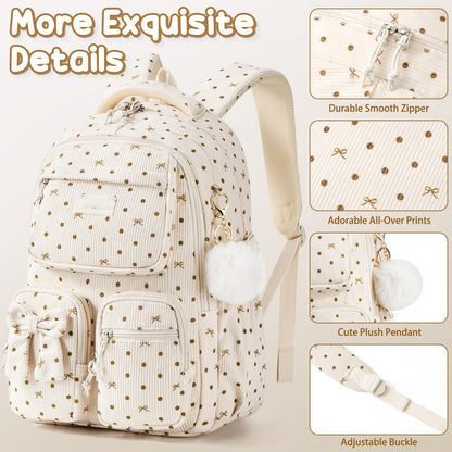 Fimibuke 3-Piece Corduroy Backpack Set for Girls – Lightweight Bow School Bag with Lunch Bag & Pencil Case