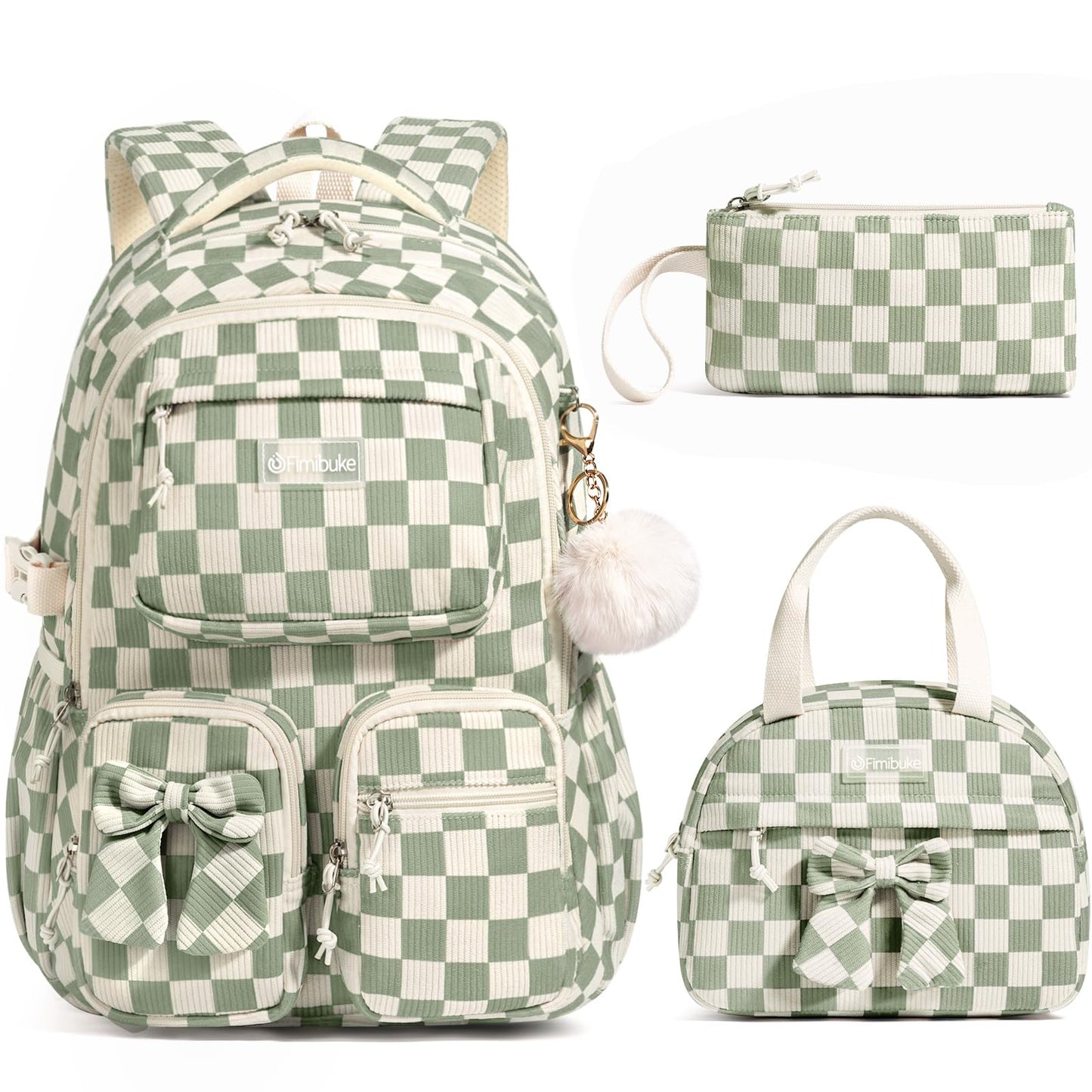 Fimibuke 3-Piece Corduroy Backpack Set for Girls – Lightweight Bow School Bag with Lunch Bag & Pencil Case