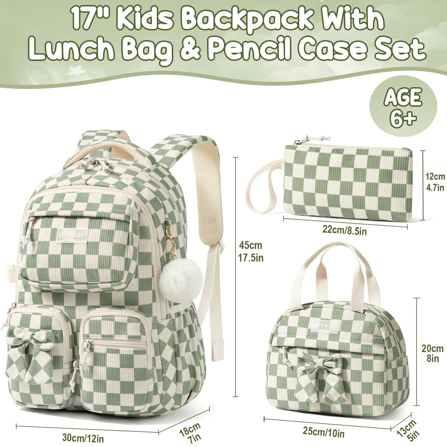 Fimibuke 3-Piece Corduroy Backpack Set for Girls – Lightweight Bow School Bag with Lunch Bag & Pencil Case