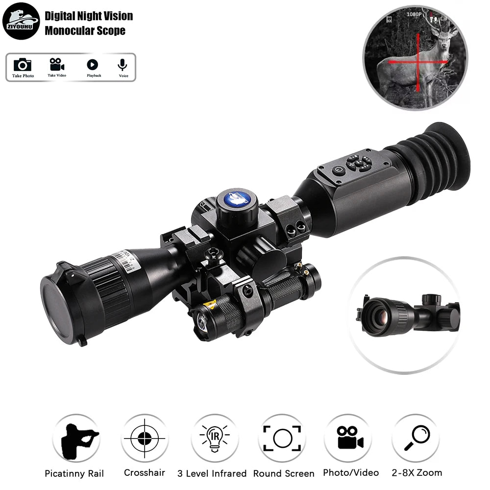 NV003 Night Vision Scope Infrared Monocular with Crosshair for Hunting HD Video Camera Round Screen Day Night Digital Sight